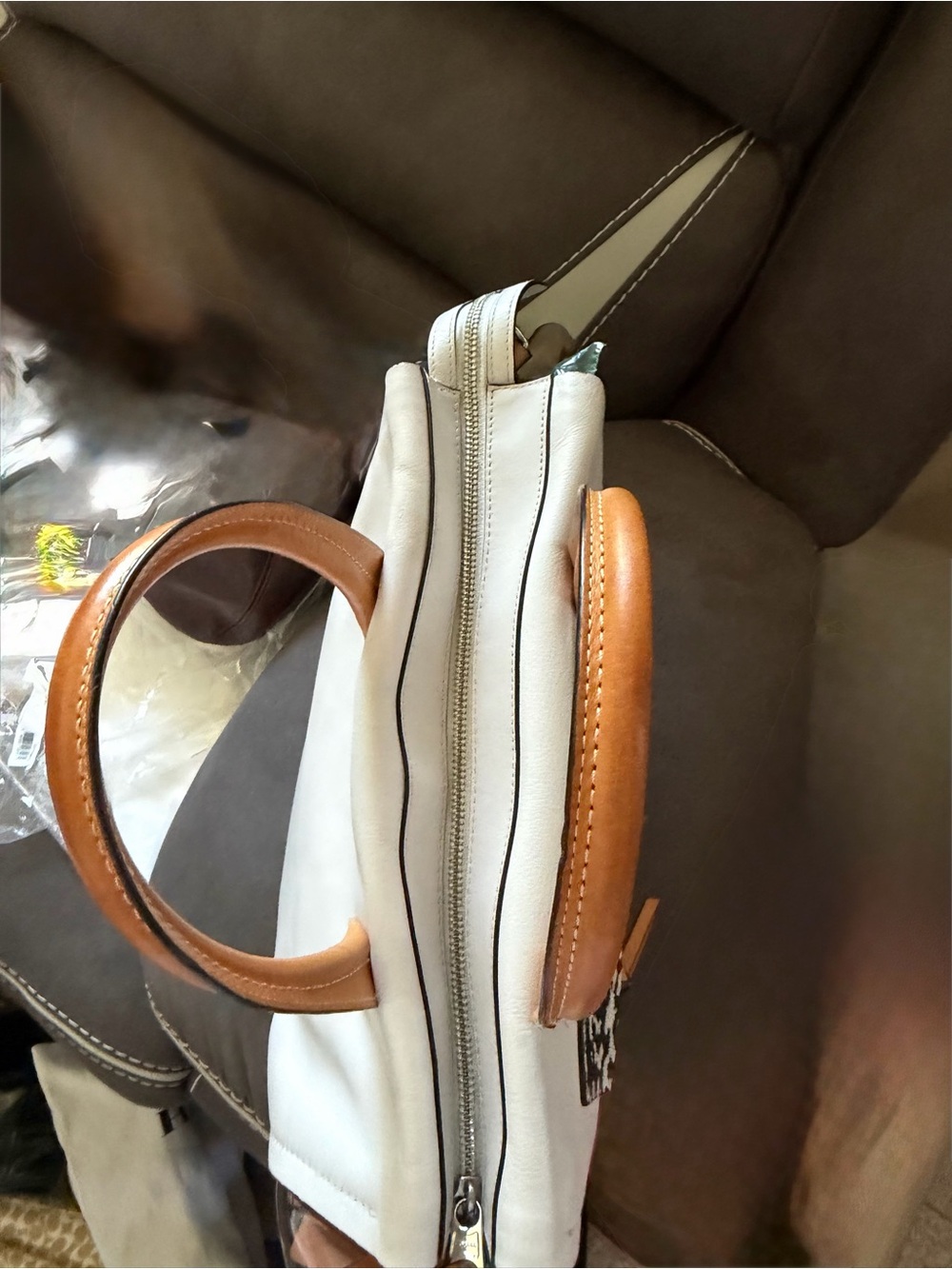 Coach White Leather Tote with Tan Handles and Black-Pattern Accent - Picture 4 of 5